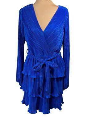 She + Sky Mini Dress Tiered Blue Ribbed M Medium NWOT V-Neck Long Sleeve